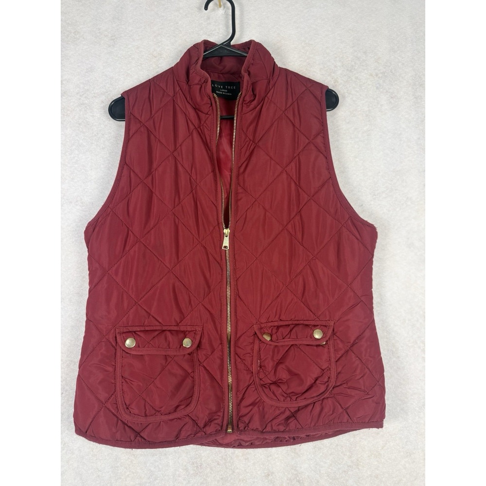 Love Tree Women's Large Burgundy Quilted Puffer Vest Gold Zip Pockets